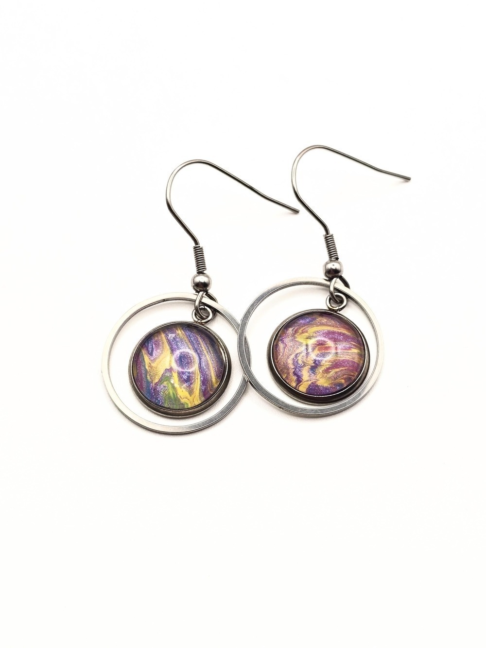 Iridescent Purple Gold Hoop Drop Earrings - Picture 2 of 3